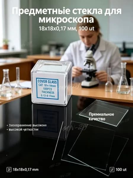 Предметные стекла для микроскопа 18х18х0,17 мм, 100 шт, изображение высокой четкости.
