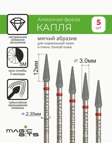 Набор фрез Алмазная капля малая с натуральным напылением МЯГКОГО абразива