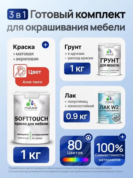 Комплект Malare SoftTouch для окрашивания мебели (1кг грунт + 1 кг краска + 0.9кг лак), акриловый, без запаха, быстросохнущий, полуглянцевый, цвет алое танго
