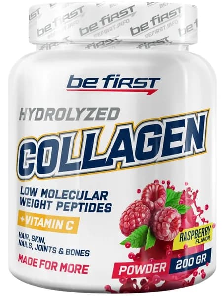 Коллаген 1,2,3 тип Be First Collagen 5000 mg + vitamin C powder (коллаген с витамином С) 200 г, Малина, Для кожи, волос, ногтей, суставов и костей