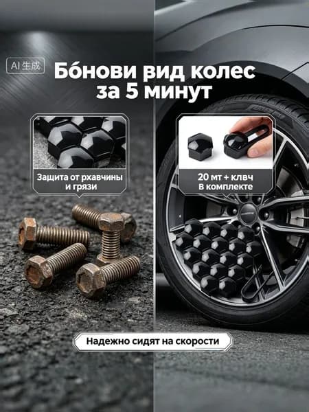Колпачки на колесные болты, комплект 20 шт со съемником-черные заглушки на гайки, для защиты от ржавчины и тюнинга авто