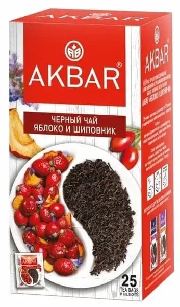 Чай в пакетиках черный AKBAR " Яблоко и Шиповник" с измельченными натуральными компонентами, 25 шт