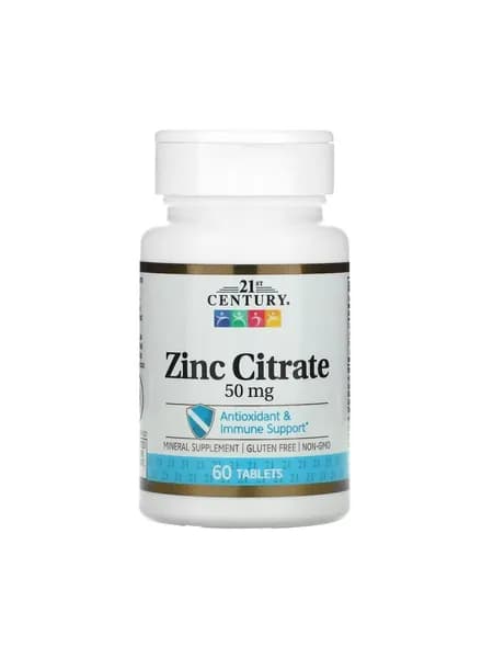 21st Century Цинк цитрат 50 мг, Zinc Citrate 60 таблеток, Для зрения, иммунитета, кожи, мышц, обмена веществ