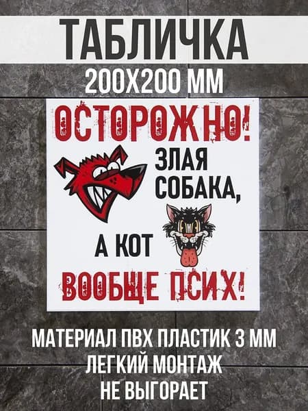 Информационная табличка / Злая собака, а кот вообще псих. 20x20 см. Сити Бланк
