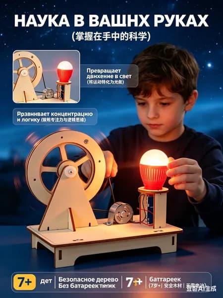 Научный конструктор для детей Ручной генератор, деревянный 3D пазл STEM для физических опытов и экспериментов