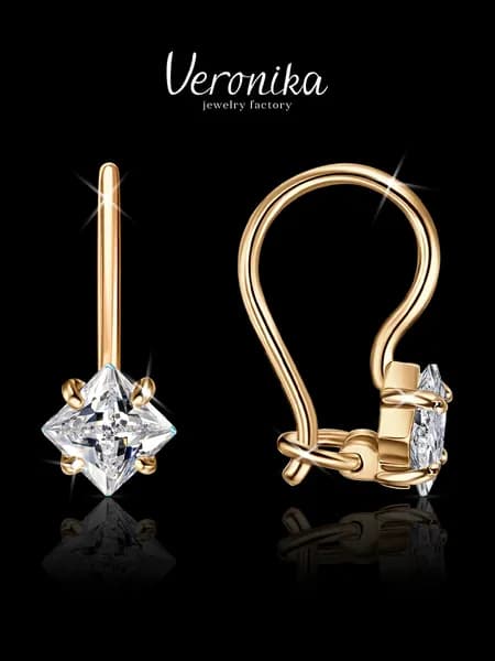 Серьги серебро 925 позолоченные с фианитами на французском замке Veronika jewelry factory