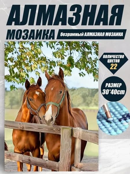 Алмазная мозаика Лошади , Картина стразами с конями, Набор для выкладки 5D, Полная выкладка круглыми и квадратными стразами, Творческий набор для рукоделия