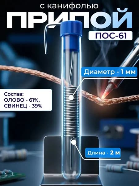 Припой для пайки с канифолью ПОС 61 1мм в колбе