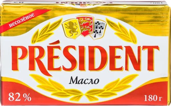 Масло кислосливочное PRESIDENT несоленое 82%, без змж, 180г
