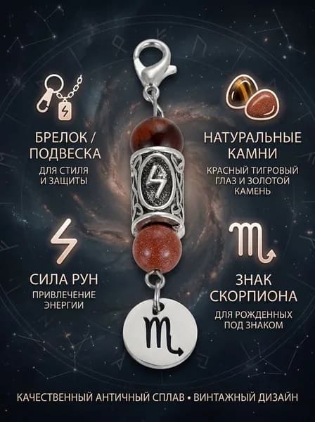 Брелок-талисман с натуральным камнем и рунами