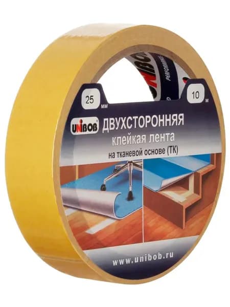 Клейкая лента Unibob, Двухсторонний скотч на основе ткани, 225 мкм 25 мм * 10 м