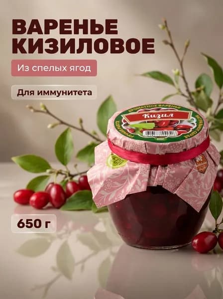 Варенье натуральное крымское Кизил из горных ягод с терпким вкусом и легкой кислинкой, 650 г
