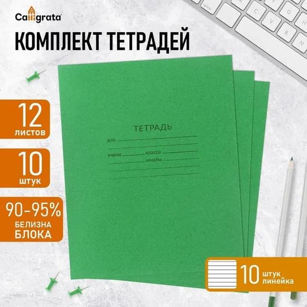 Комплект тетрадей из 10 штук, 12 листов в линию КПК Зелёная обложка , блок офсет, белизна 90-95% 10336604