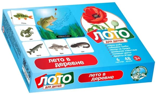 Малое детское лото "Лето в деревне" с картинками, настольная развивающая игра для детей, 48 фишек + 6 тематических карточек