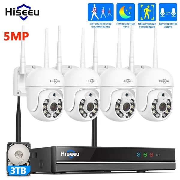 Hiseeu Wi-Fi PTZ Комплект камеры видеонаблюдения,16CH NVR Набор,5MP 4 IP камеры,3TB жесткого диска, Цветная ночного видения,Автоматическое отслеживание,Двусторонняя аудиосвязь, P2P