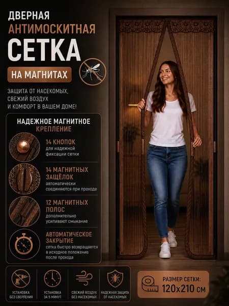 Сетка антимоскитная на дверь магнитная коричневая 120x210
