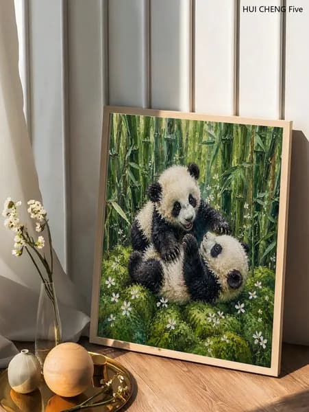 Постер "Панда играет в бамбуковом лесу", 40 см х 30 см