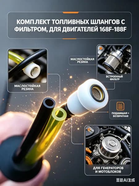 Комплект топливных шлангов с фильтром, совместим с двигателями 168F-188F - набор из подающей и возвратной трубок с уплотнителями, для генераторов, мотоблоков и насосов