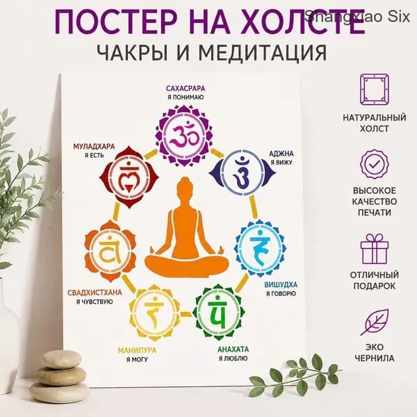 Постер Чакры и медитация , силуэт медитирующего йога с 7 чакрами, духовный настенный декор, 1 шт.