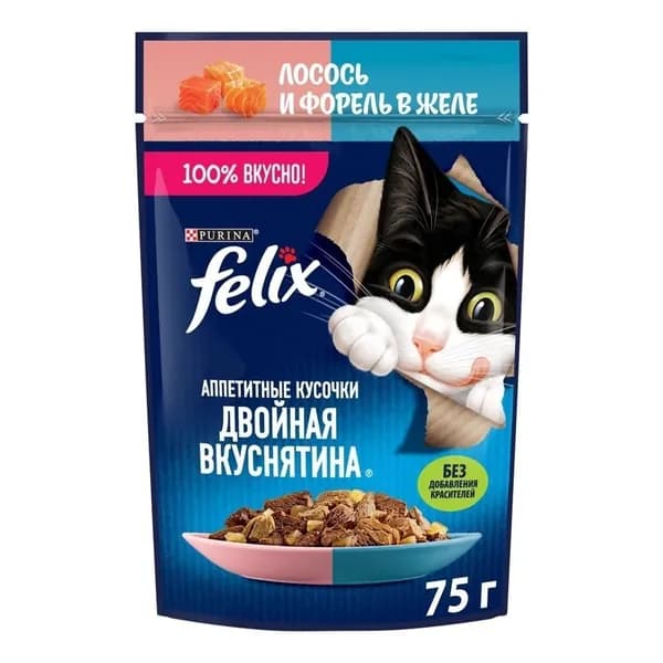 Влажный корм Purina Felix Аппетитные кусочки Двойная вкуснятина лосось-форель в желе для кошек 75 г