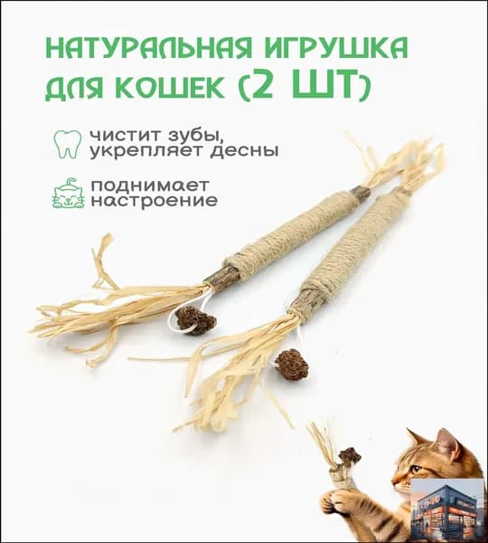 Натуральная игрушка для кошек для чистки зубов, 2 шт / палочки Мататаби с сушеным плодом, джутовым волокном и кукурузными кисточками