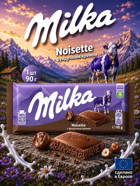 Milka, Шоколад с фундучным кремом, 90 г, Noisette