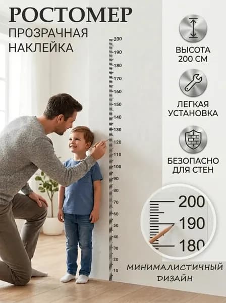 Ростомер детский на стену прозрачный 200см