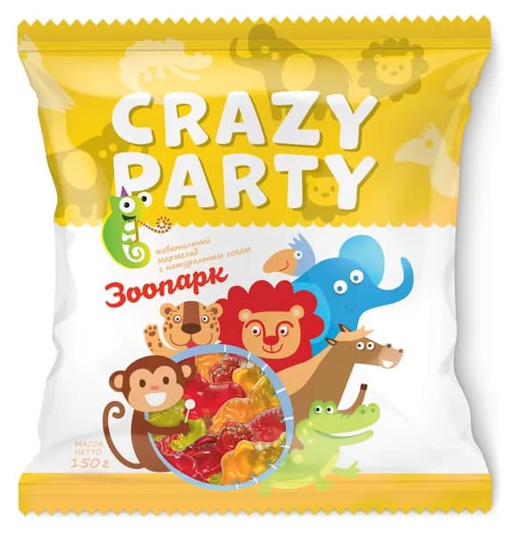Мармелад жевательный фигурный "Crazy Party" Фруктово-Ягодное Ассорти Зоопарк, для детей и взрослых, 150 г