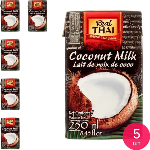 Кокосовое молоко Real Thai / Реал Тай растительное, жирность 19%, 250мл / продукты питания, напитки (комплект из 5 шт)