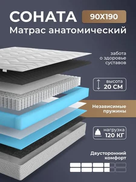 Матрас Соната, независимые пружины, 90х190 см