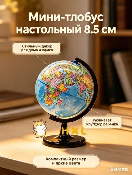 Глобус настольный сувенирный 8.5 см, политическая карта мира - маленький интерьерный глобус для декора, подарок ребенку и в офис