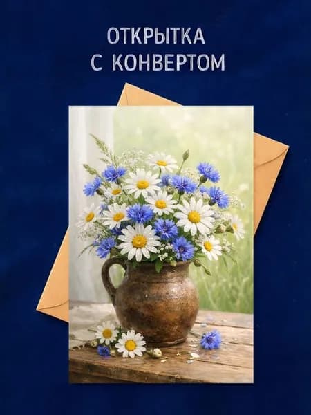 Открытка "Ваза с полевыми цветами" 1шт. Авторская открытка. Размер 10х15 в комплекте крафтовый конверт.