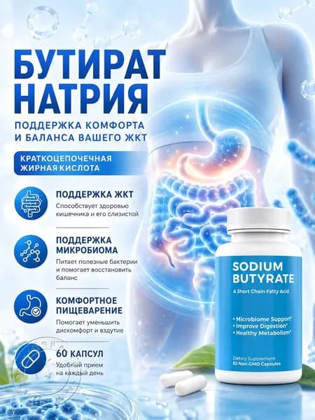 Добавка для здоровья кишечника, капсулы с бутиратом и натрием, без ГМО, 60/120 капсул