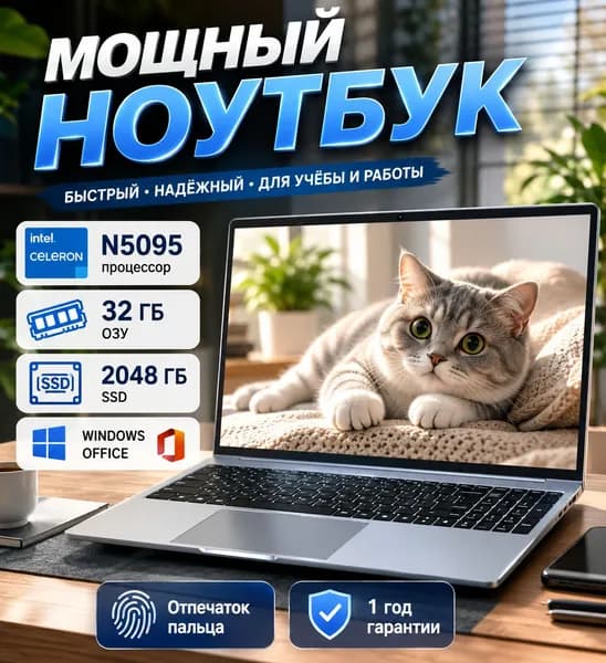 Ноутбук для работы и учебы Ноутбук 15.6", Intel Celeron N5095A, RAM 32 ГБ, SSD 2048 ГБ, Windows Pro, светло-серый, Русская раскладка