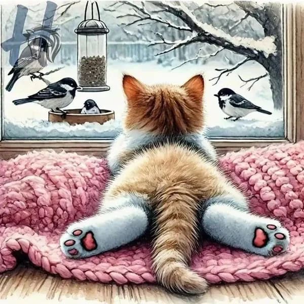 Алмазная картина "Кот у зимнего окна", 30x30 см. Набор для творчества: кошка, снег, птицы.
