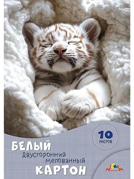 Картон 2шт белый двусторонний мелованный А4 10 листов (АППЛИКА) в папке Белый тигренок (плотность 200г/кв м)