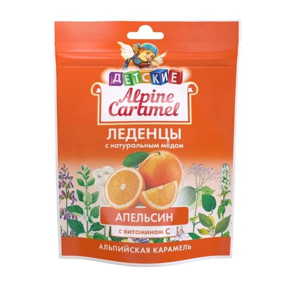 Alpine caramel леденцы альпийская карамель детские с натуральным медом и витамином с со вкусом апельсина 75 гр