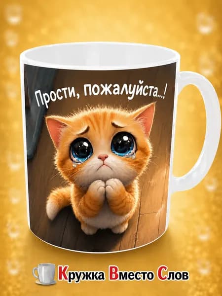 Кружка Вместо Слов с приколом "Прости, пожалуйста!", с котиком, мем, смешной подарок