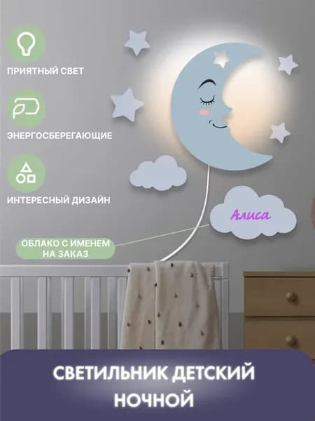 Бра на стену светильник детский Месяц именной Алиса