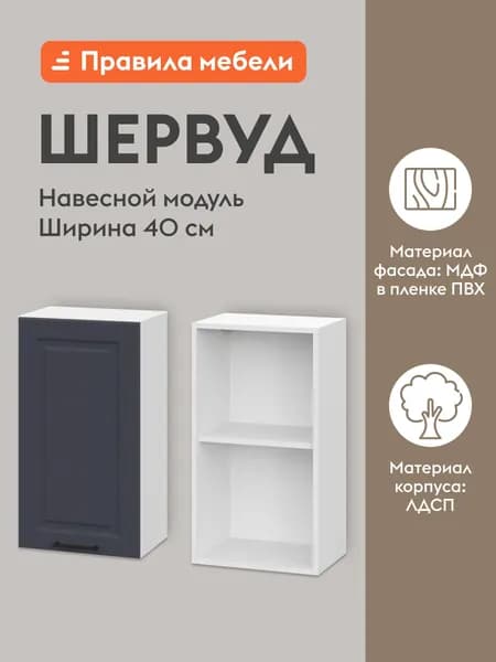 Кухонный модуль навесной, шкаф Шервуд с доводчиками, с полками, 40х29.6х72 см, Белый / Шато индиго
