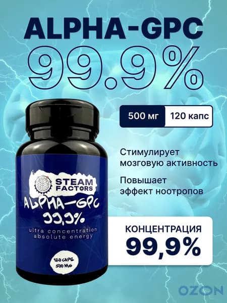 Alpha GPC 99.9 500мг, Альфа ГФХ, холин для мозга, 120 капсул
