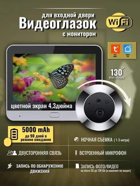 Видеоглазок для входной двери Wi-Fi с записью, фото, монитором с датчиком движения