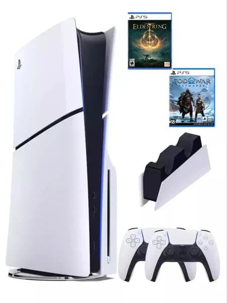 PS5 (ПС5) Игровая приставка Sony PlayStation 5 Slim + 2-й геймпад(белый ) + зарядное + игра God of War+ Elden Ring, 1000Gb