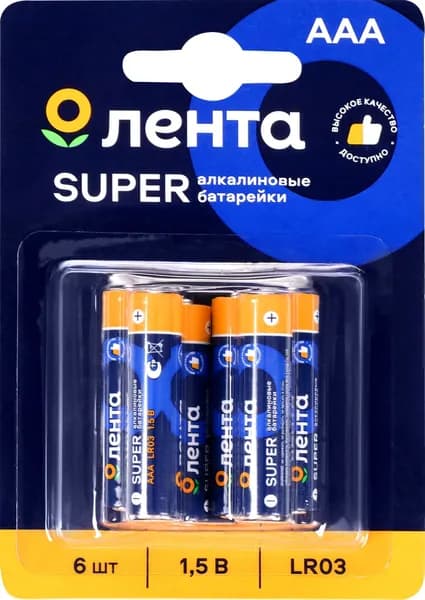 Элемент питания ЛЕНТА ААА, LR03, 1,5В, алкалиновый Арт. ALR0306 (Китай) 6шт