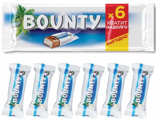Шоколадный батончик Bounty, пачка, 6 шт, по 27,5 г