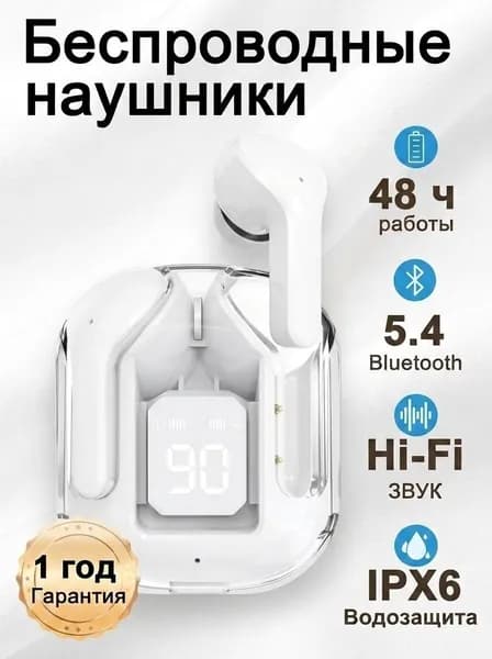Наушники беспроводные с микрофоном Air3, Bluetooth, USB Type-C, прозрачный, белый