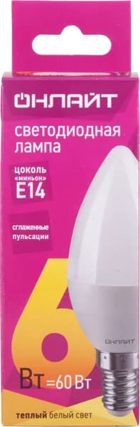 Лампа светодиодная ОНЛАЙТ Свеча 6Вт, E14 теплый свет