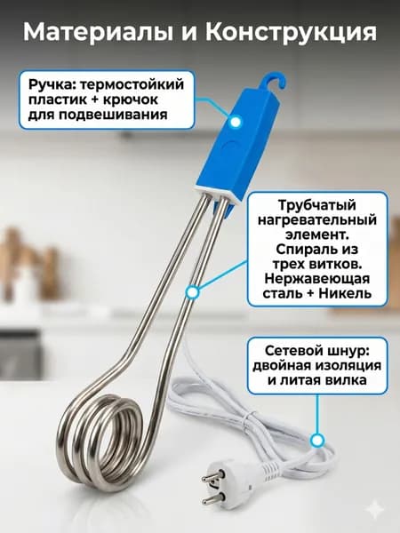Электрокипятильник Кипятильник электрический погружной 1,5 кВт, ТЭН 21 см, длина шнура 120 см