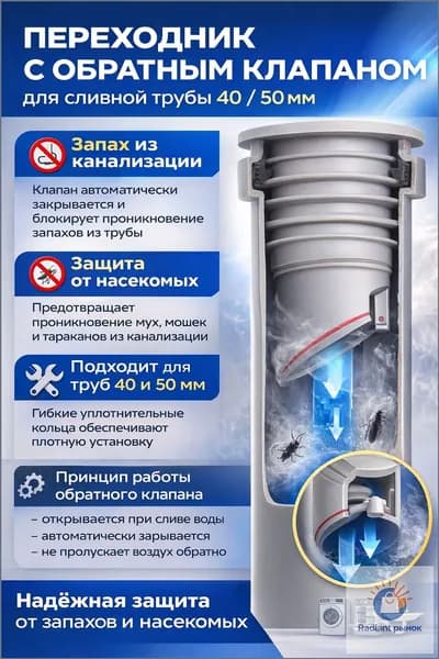 Обратный клапан для канализации 40,50 мм под раковину, переходник для сифона и гофры, антизапах, защита от насекомых