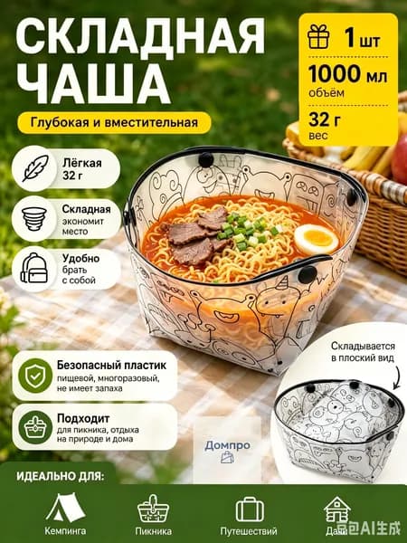 Складная миска туристическая 1000 мл Суперлёгкая 32 г Посуда для походов, кемпинга, пикника Компактная, складная, из пищевого пластика PP, 1 шт